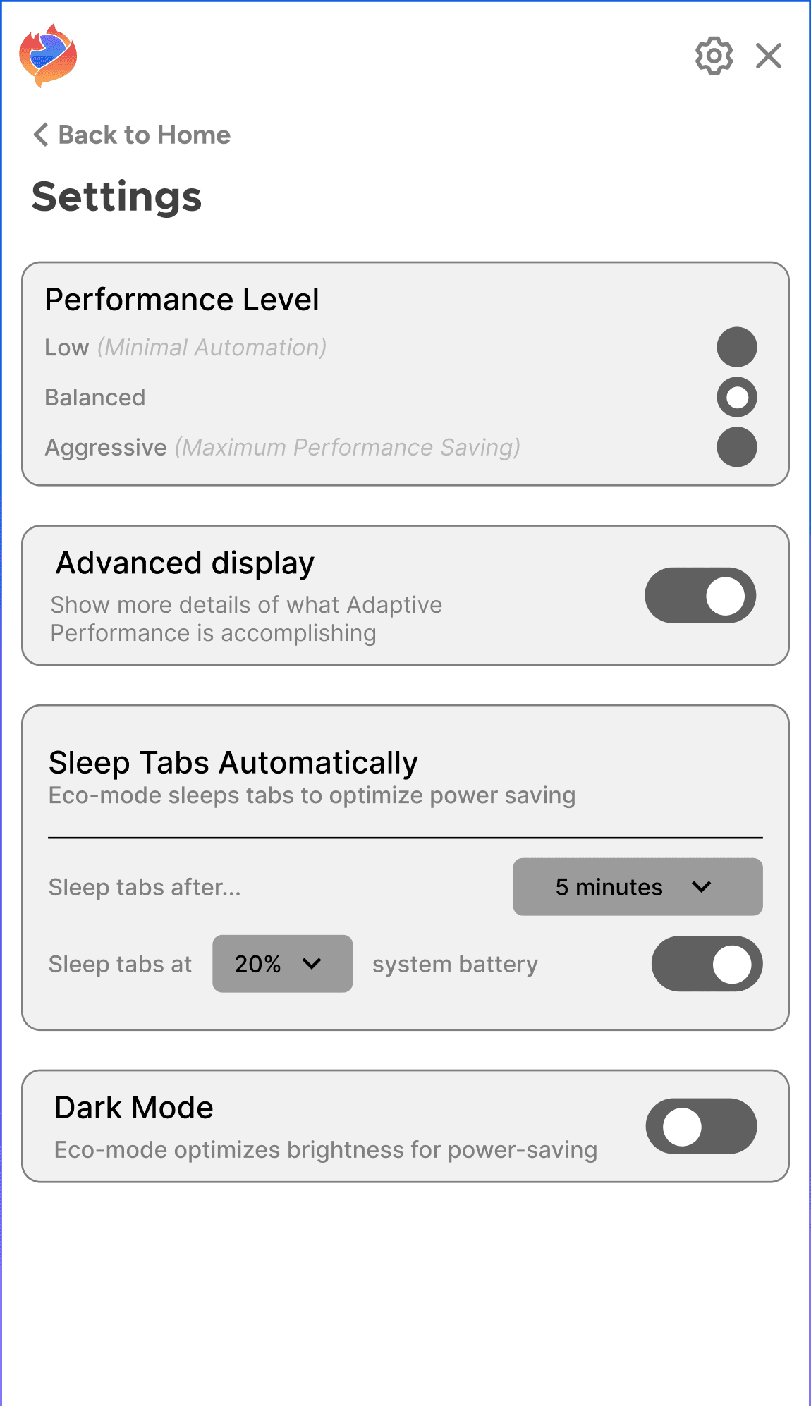 Mid-fidelity settings prototype for the Adaptive Performance extension