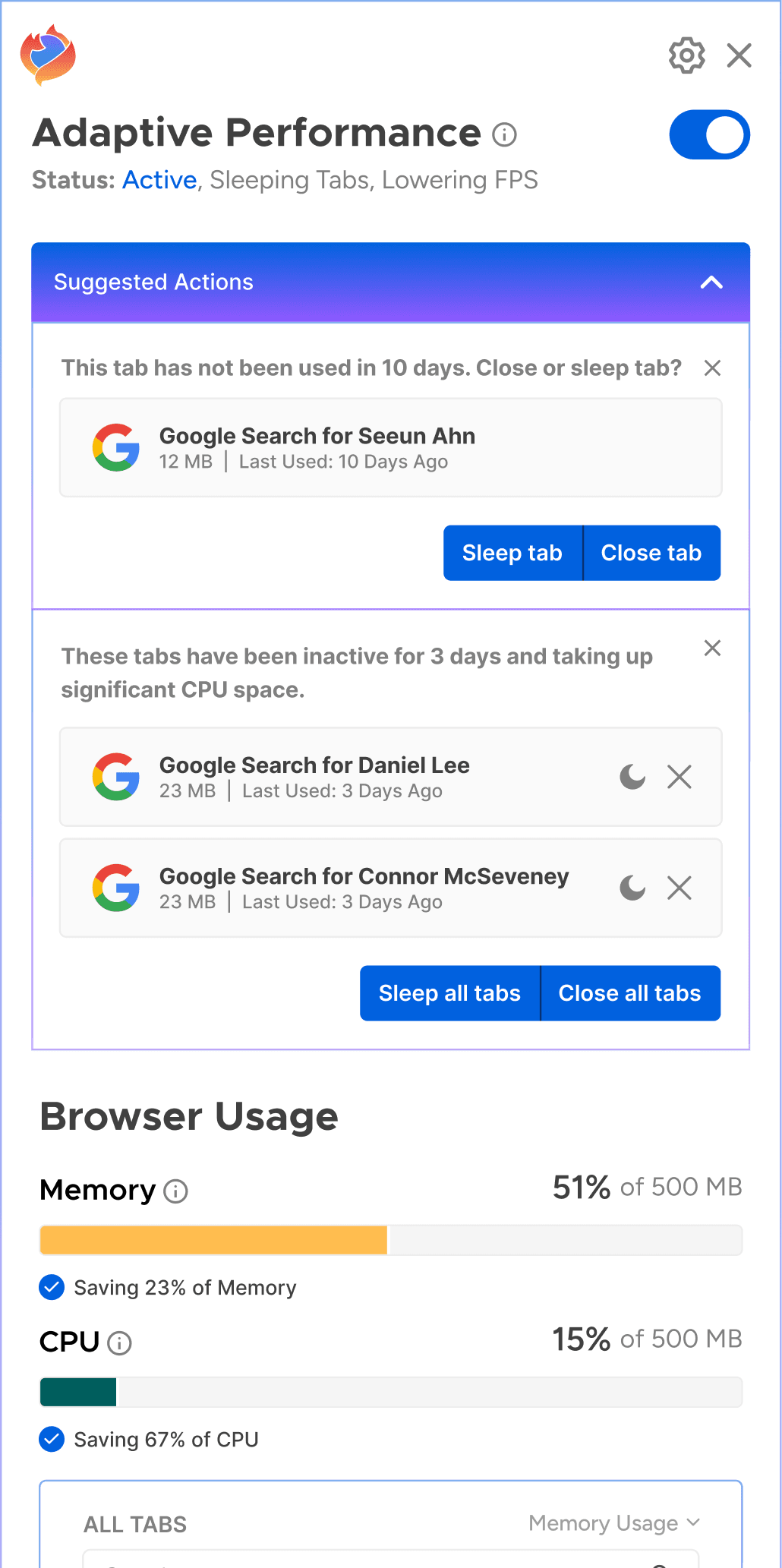 Suggested actions view of the Adaptive Performance extension recommending tabs to sleep or close