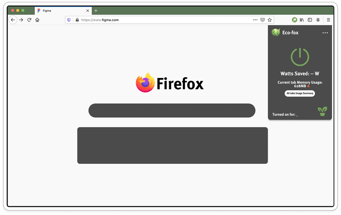 Low-fidelity wireframe of the extension popup with watts saved and tab memory usage